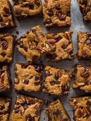 Top down photo of vegan peanut butter chocolate chip pecan bars sliced into squares.