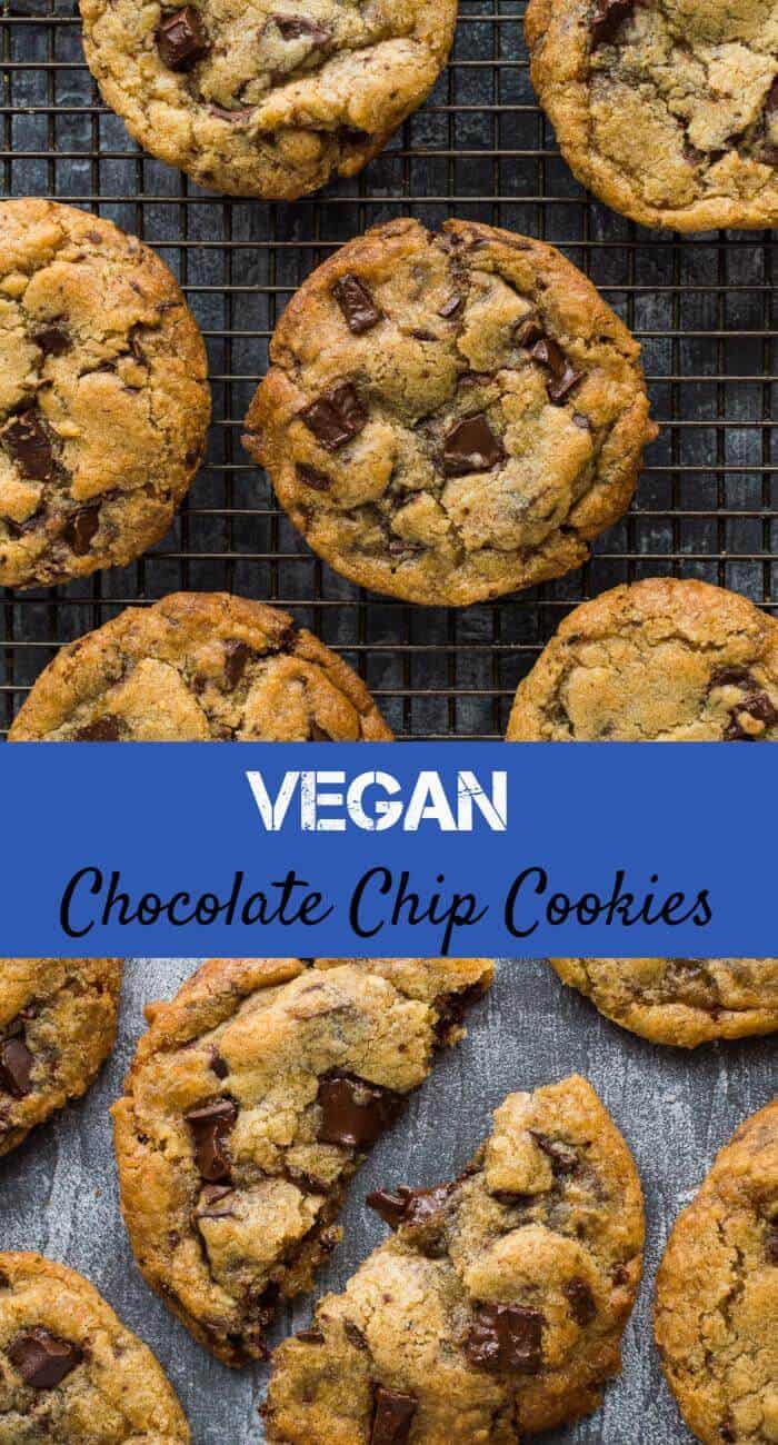 Vegan chocolate chip cookies - crispy round the edges, chewy in the middle, loaded with chocolate chips and really easy to make; these cookies will become your new favourite recipe! #vegan #veganbaking #plantbased #eggless #dairyfree #eggfree #vegancookies #cookies #chocolatechip