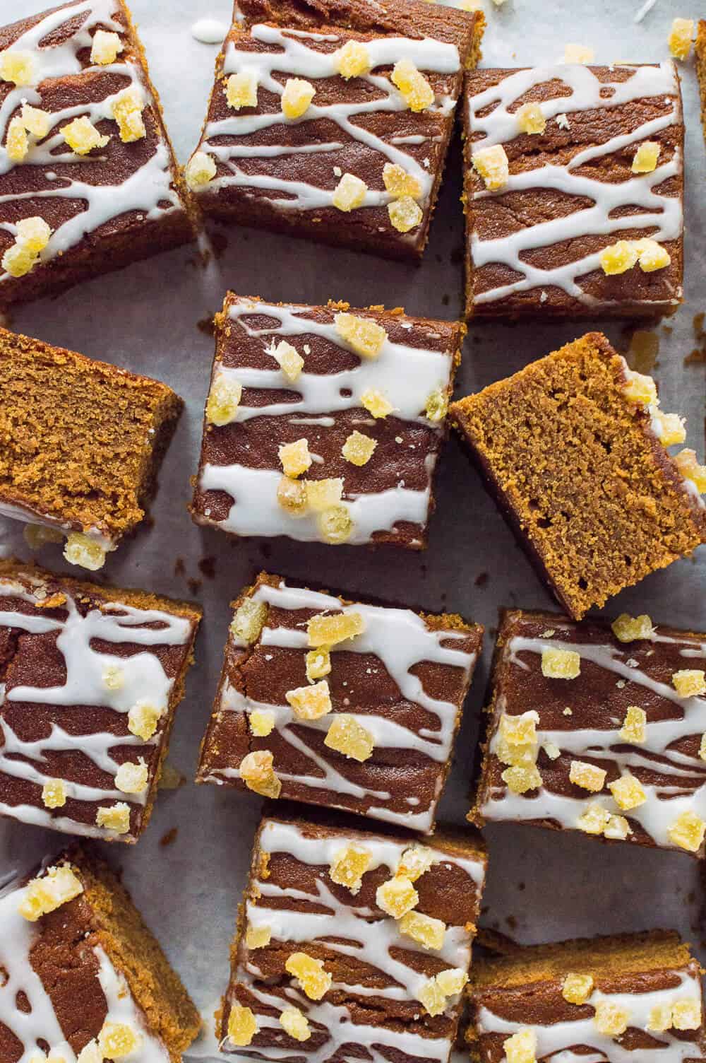 Close up of squares of vegan ginger traybake cake.