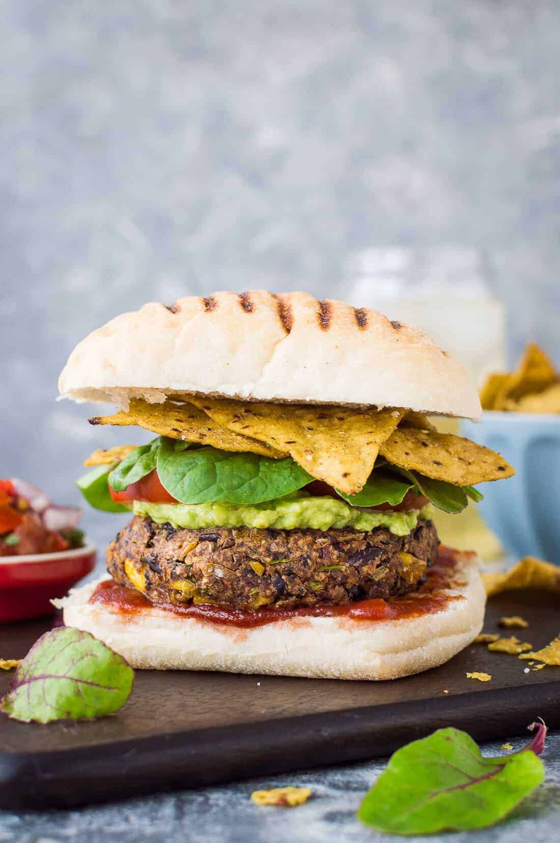 Vegan Mexican Bean Burgers – spicy black and kidney bean burgers with sweetcorn and chipotle. One of your five a day per burger! #vegan #beanburger #plantbased #mexican #texmex #burger