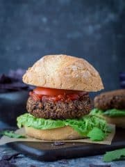 Mushroom lentil burgers - savoury, umami flavoured vegan veggie burgers made with mushrooms, puy lentils and walnuts. Packed with veggies and protein these burgers make a delicious healthier option that will satisfy even the meat eaters. #vegan #burger #veggieburger #mushroomburger