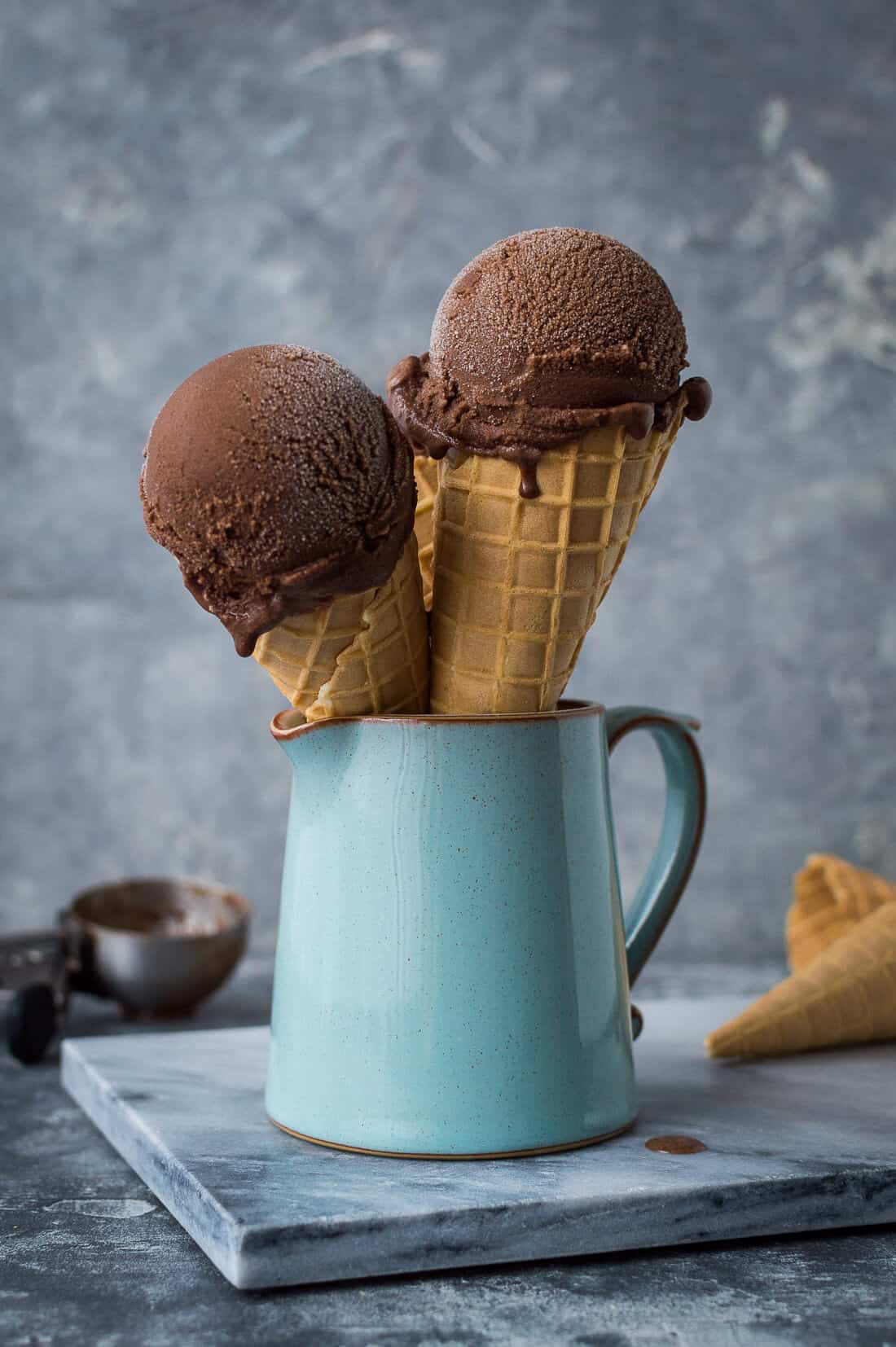 Chocolate coconut sorbet - rich and chocolatey but lighter than a traditional ice cream; this vegan chocolate coconut sorbet is an easy to make, refreshing treat. #vegan #sorbet #coconut #chocolate #dairyfree
