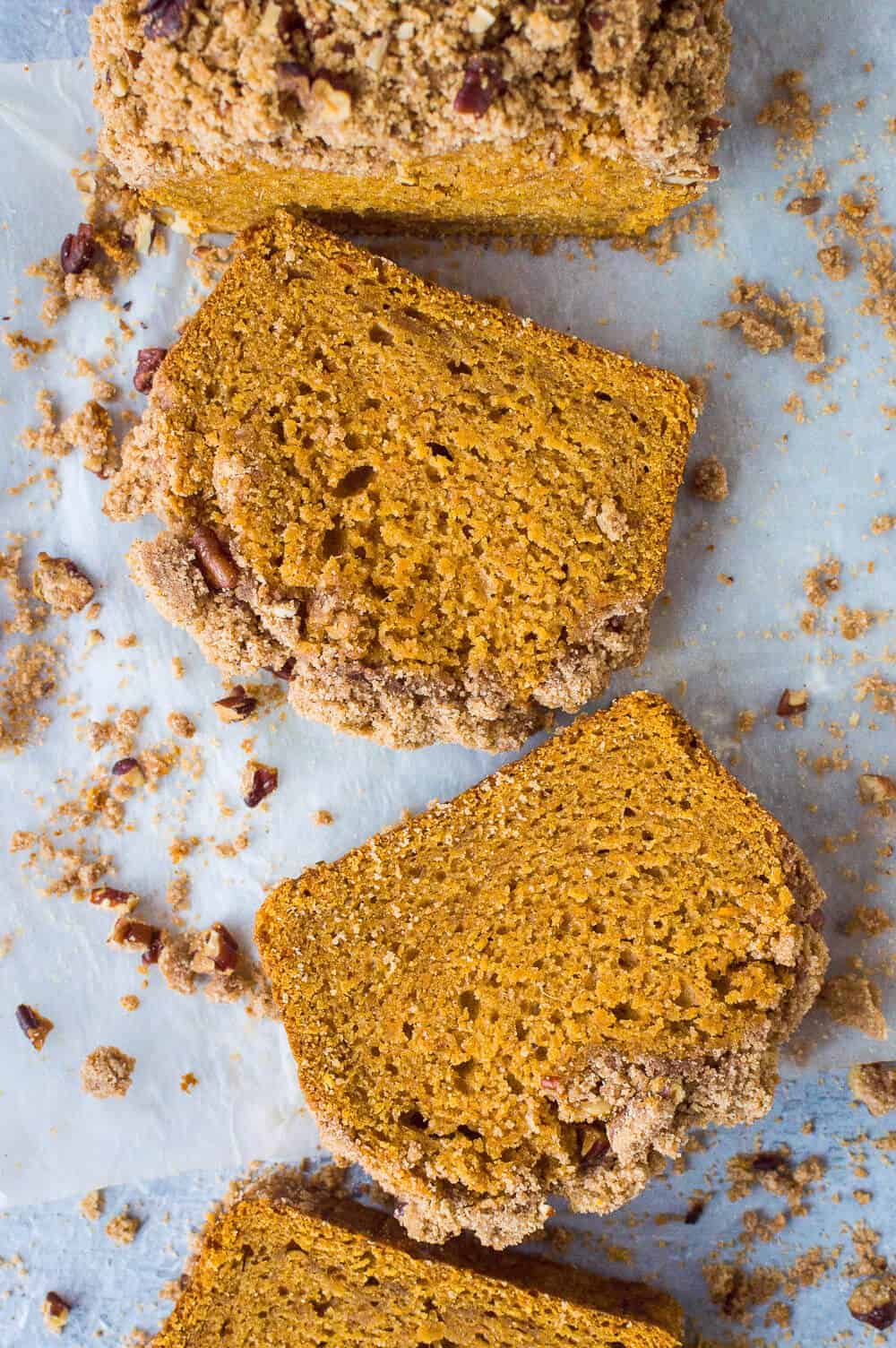 Sweet potato bread with pecan streusel - a vegan version of the classic Autumnal loaf cake with a crisp, buttery pecan crumble topping. #vegan #fallbaking #baking #sweetpotato #streusel #coffeecake
