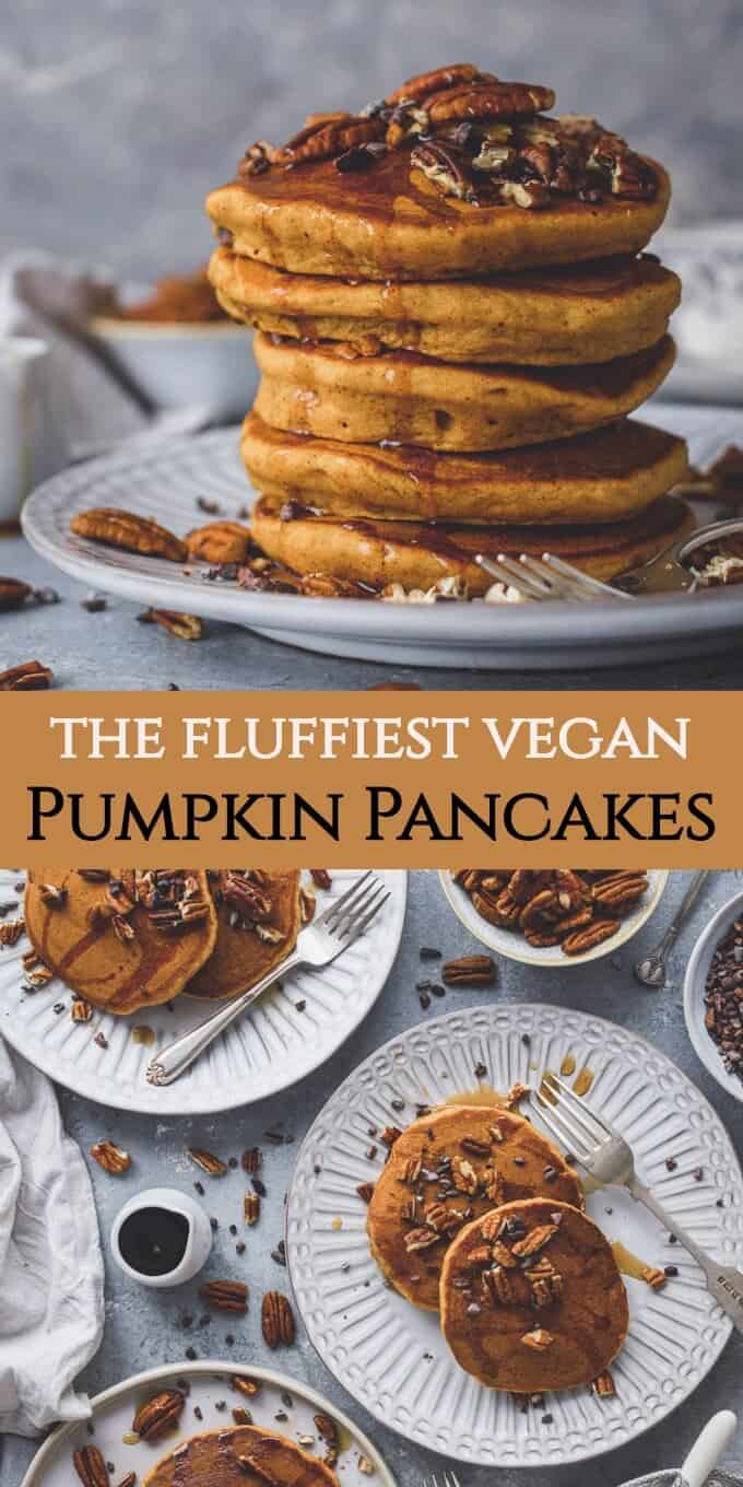 Vegan pumpkin pancakes - super fluffy, lightly spiced, easy to make and utterly delicious; these pancakes are perfect for a cozy Autumn breakfast. #vegan #pumpkin #pumpkinspice #pancakes #brunch #veganbreakfast