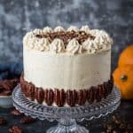 Vegan pumpkin cake with maple pecans and cinnamon buttercream - this easy to make, fluffy, moist and perfectly spiced cake is perfect for Autumn; you would never guess that it's vegan! #vegan #pumpkinspice #layercake