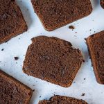 slices of vegan double chocolate banana bread arranged on a grey background