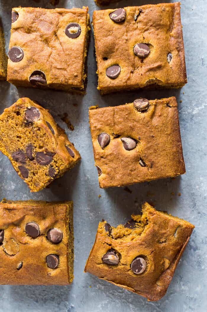 Close up of squares of chocolate chip pumpkin cake on a grey background, one with a bite taken out of it.