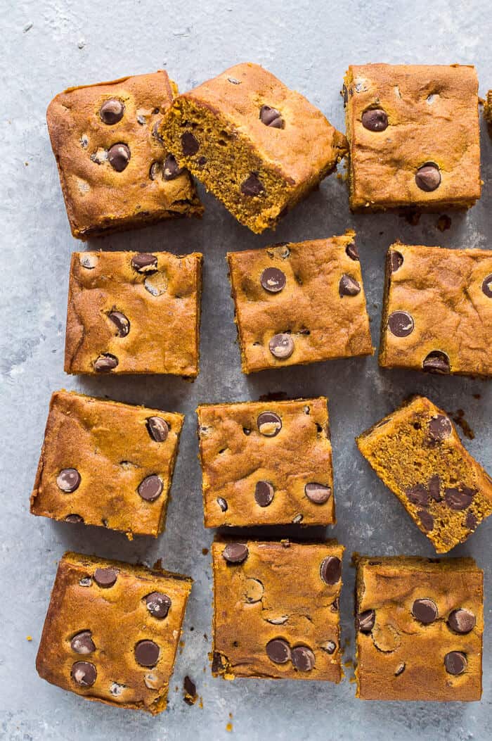 Squares of vegan chocolate chip pumpkin cake on a grey background.