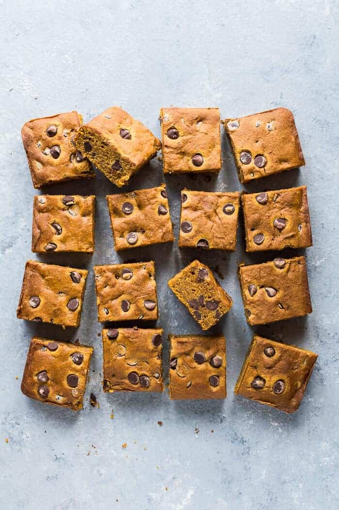 Vegan chocolate chip pumpkin snack cake sliced into squares on a grey background.