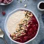 PB&J porridge - creamy vegan peanut butter porridge topped with tangy raspberry compote. This oatmeal is quick and easy to make and a healthy way to keep you full until lunchtime. #vegan #breakfast #healthy