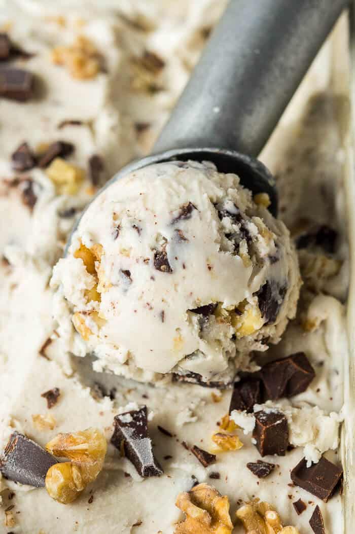 Close up of a scoop of vegan chunky monkey ice cream.