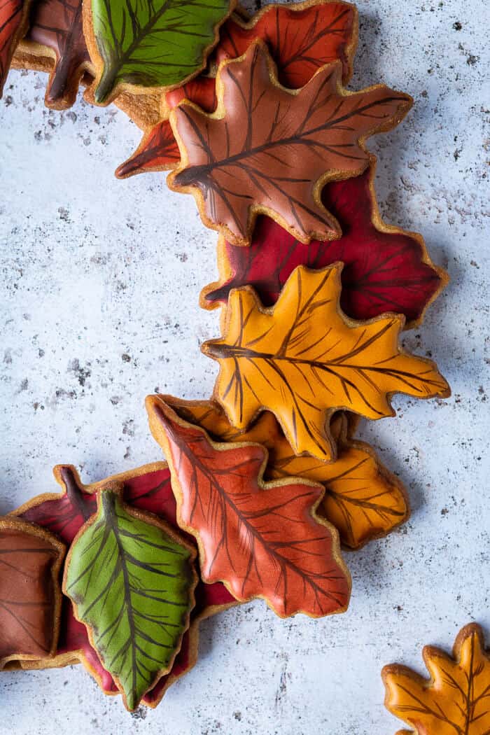 Close up of the leaf biscuits on a cookie wreath.