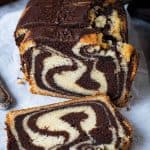 vegan marble cake on a sheet of white baking parchment