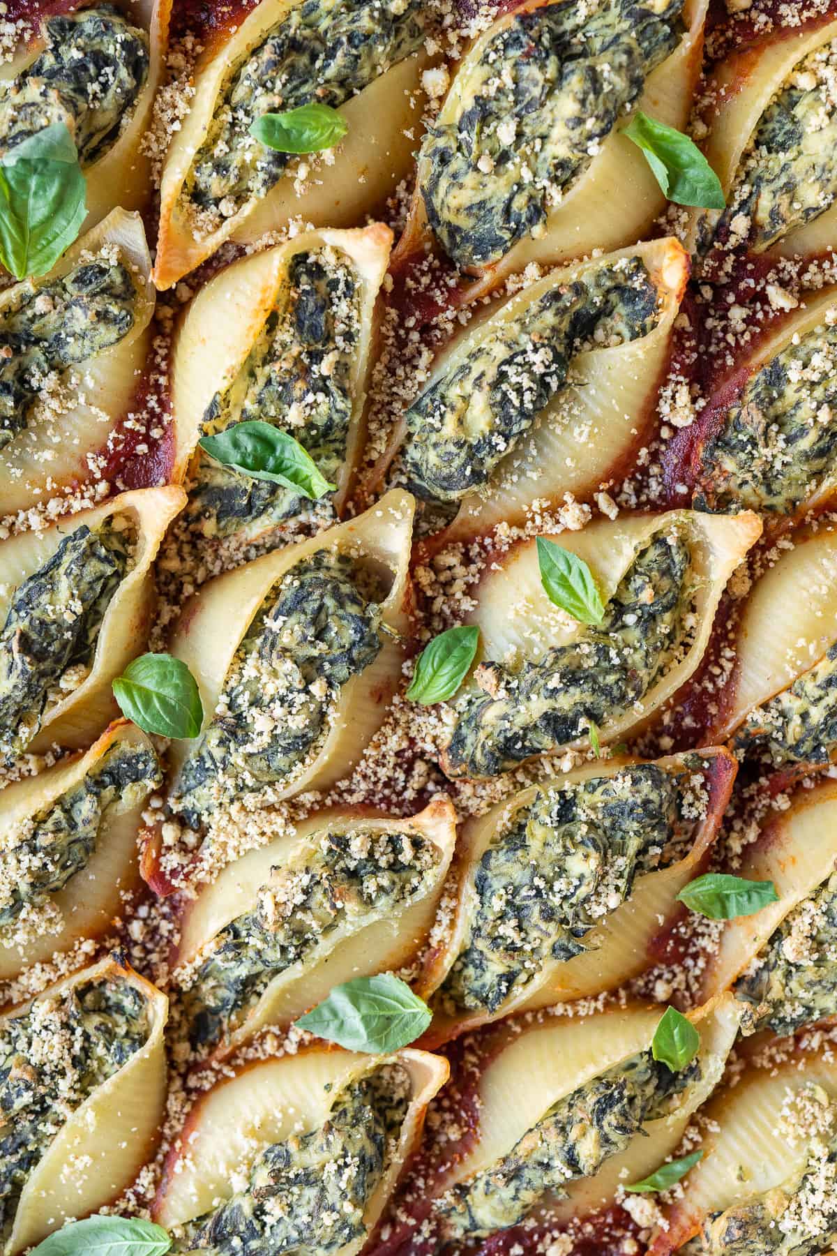 Close up of the baked stuffed pasta shells