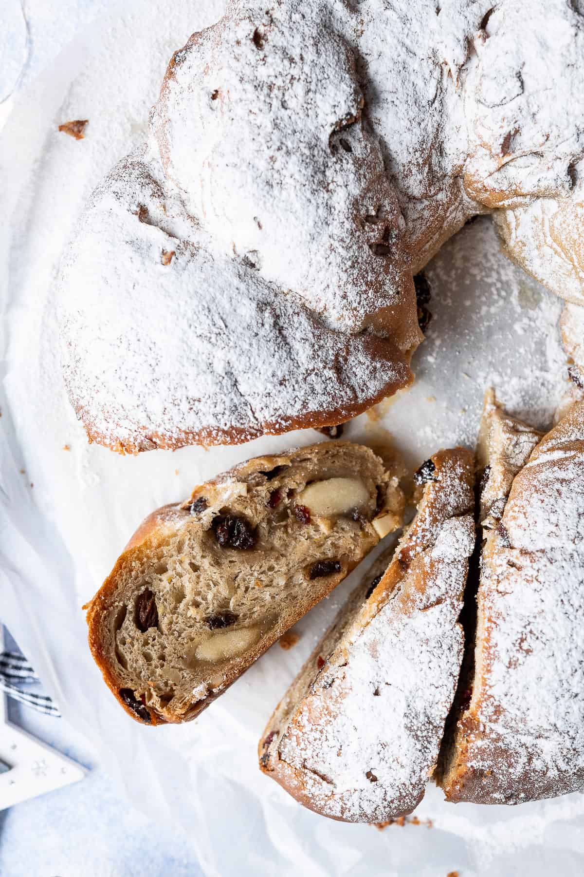 Close up of a slice of stollen.