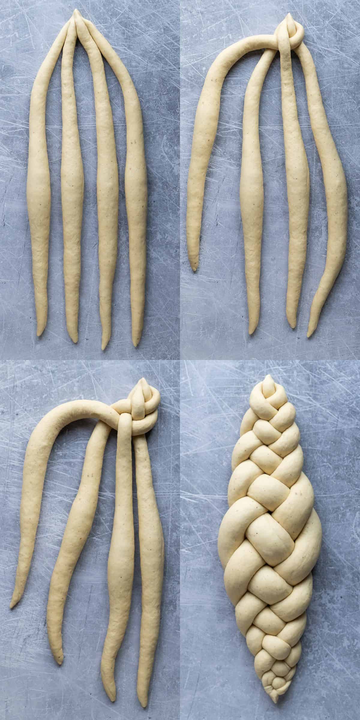 Step 5 - a four image collage of plaiting the loaf.