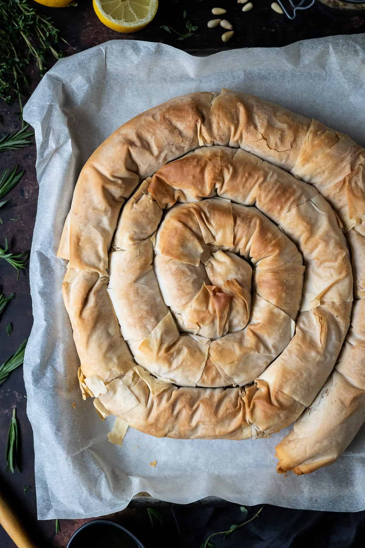 Close up of the spiral shaped pie.
