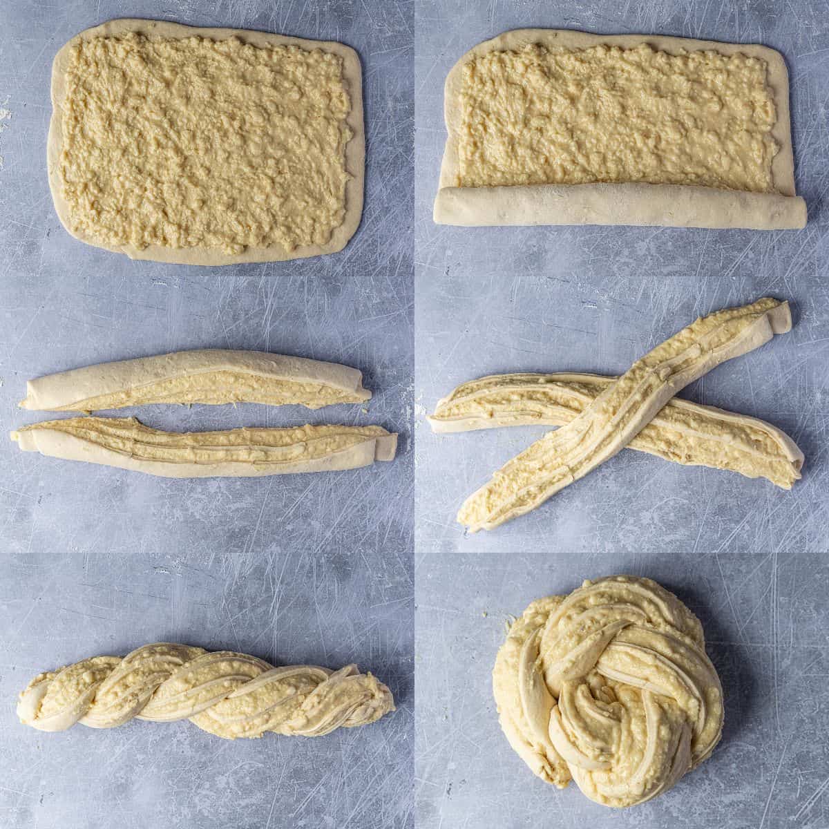 Step 5, a six image collage of shaping the dough.