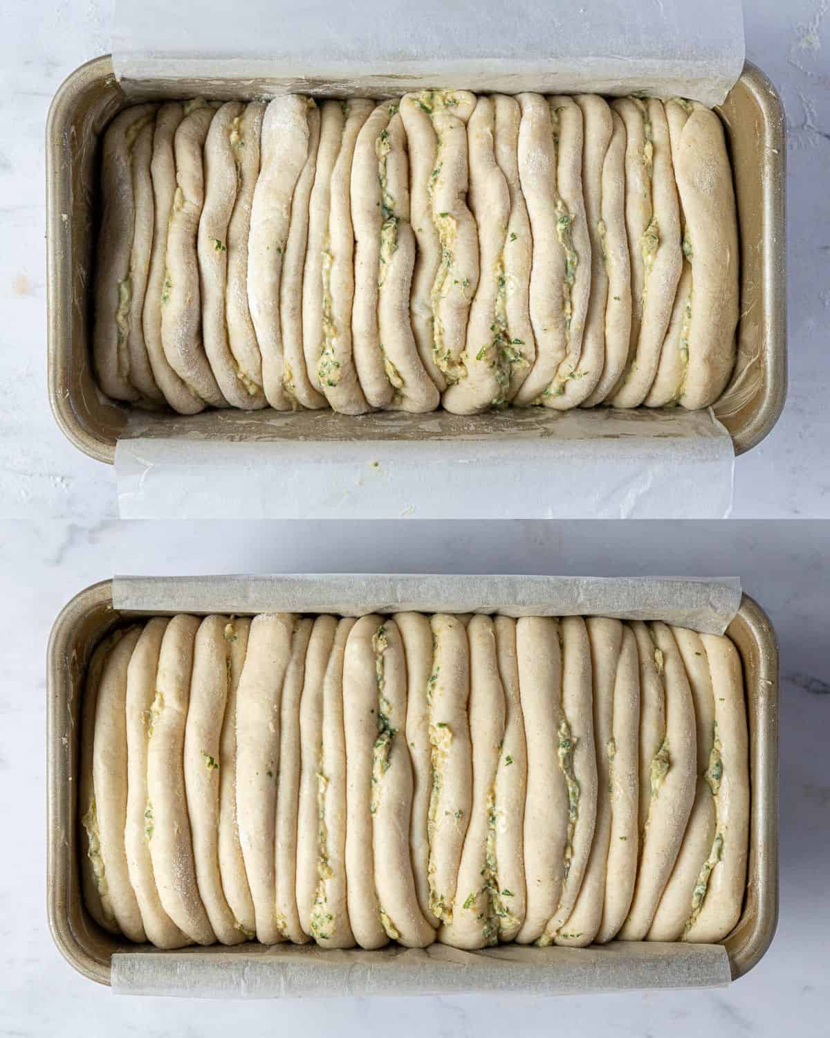 A two image collage of the garlic bread before and after it's second rise.