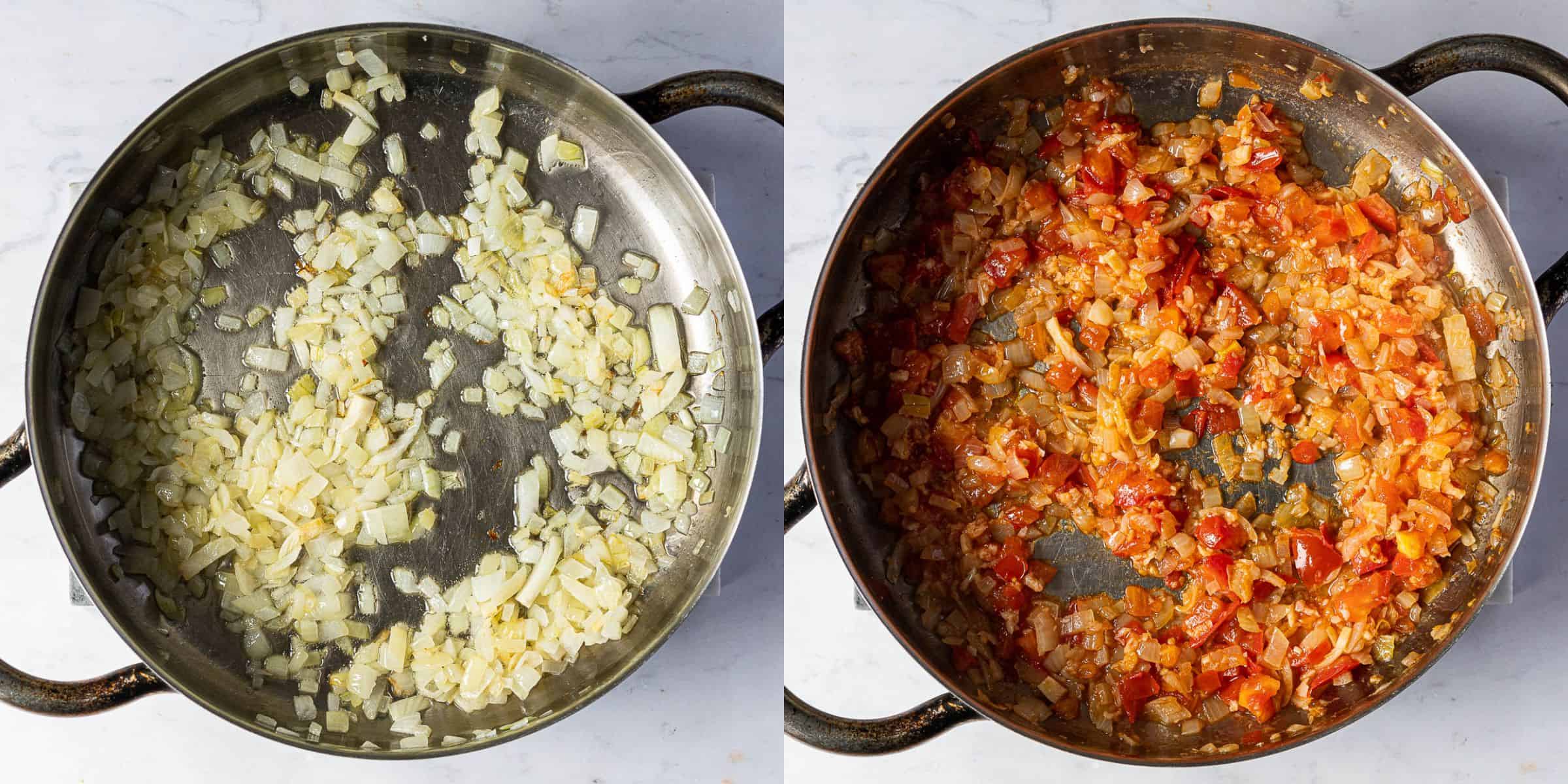 A two image collage of frying the onion and tomato.