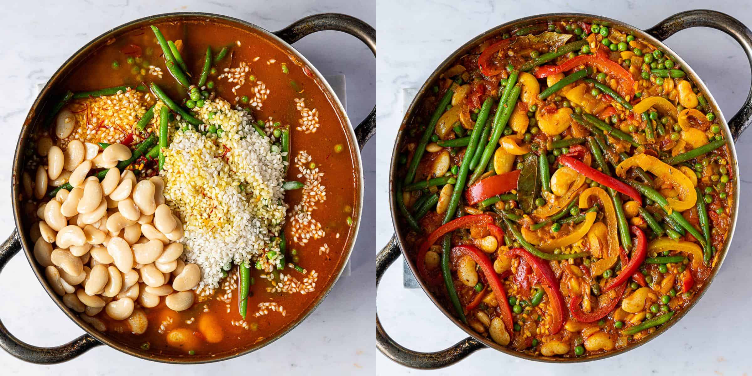 A two image collage of adding the rice and vegetables and cooking the paella.