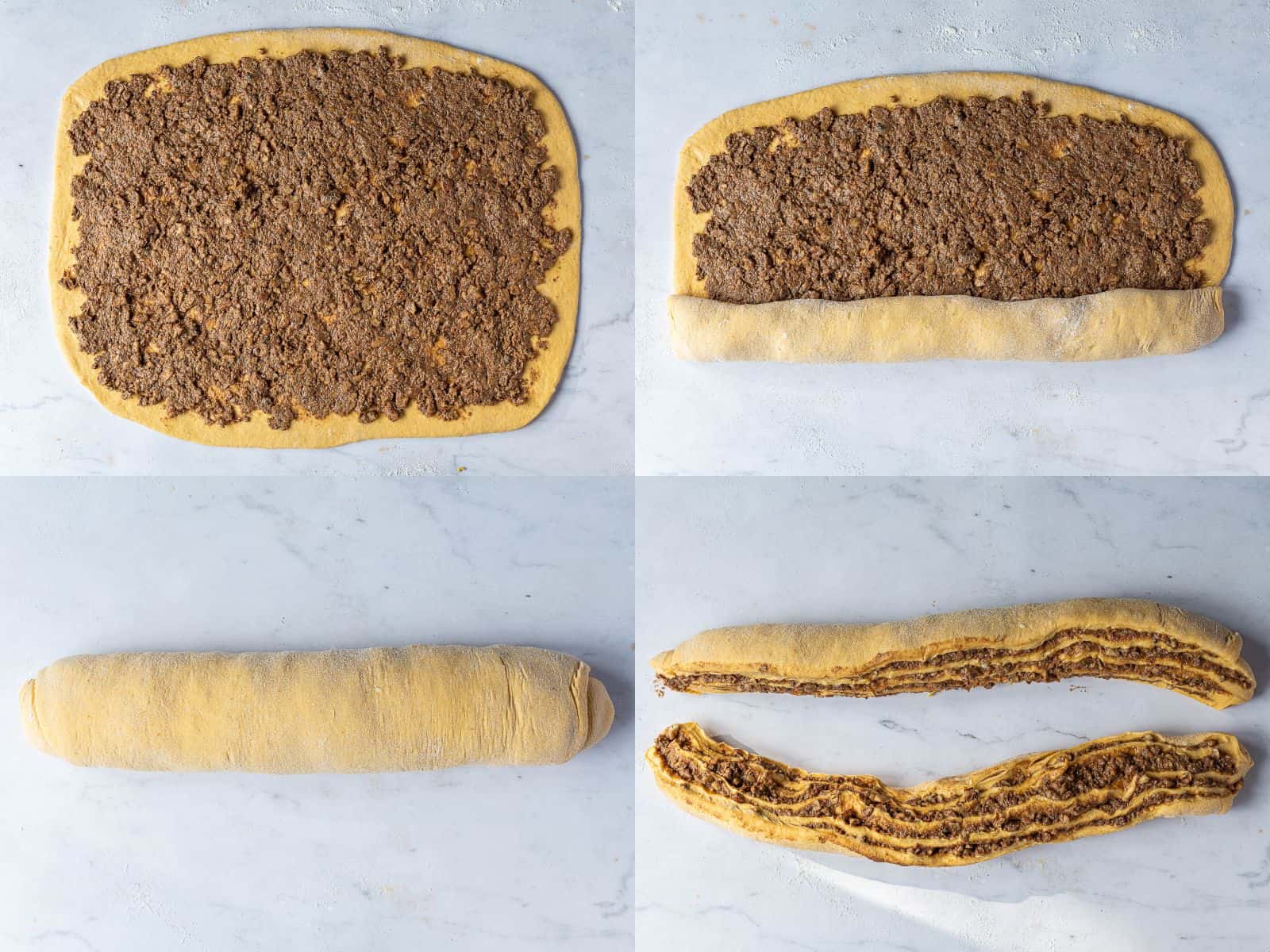 Step 4, a four image collage of rolling out the dough, adding the filling, rolling it up and slicing it in half.