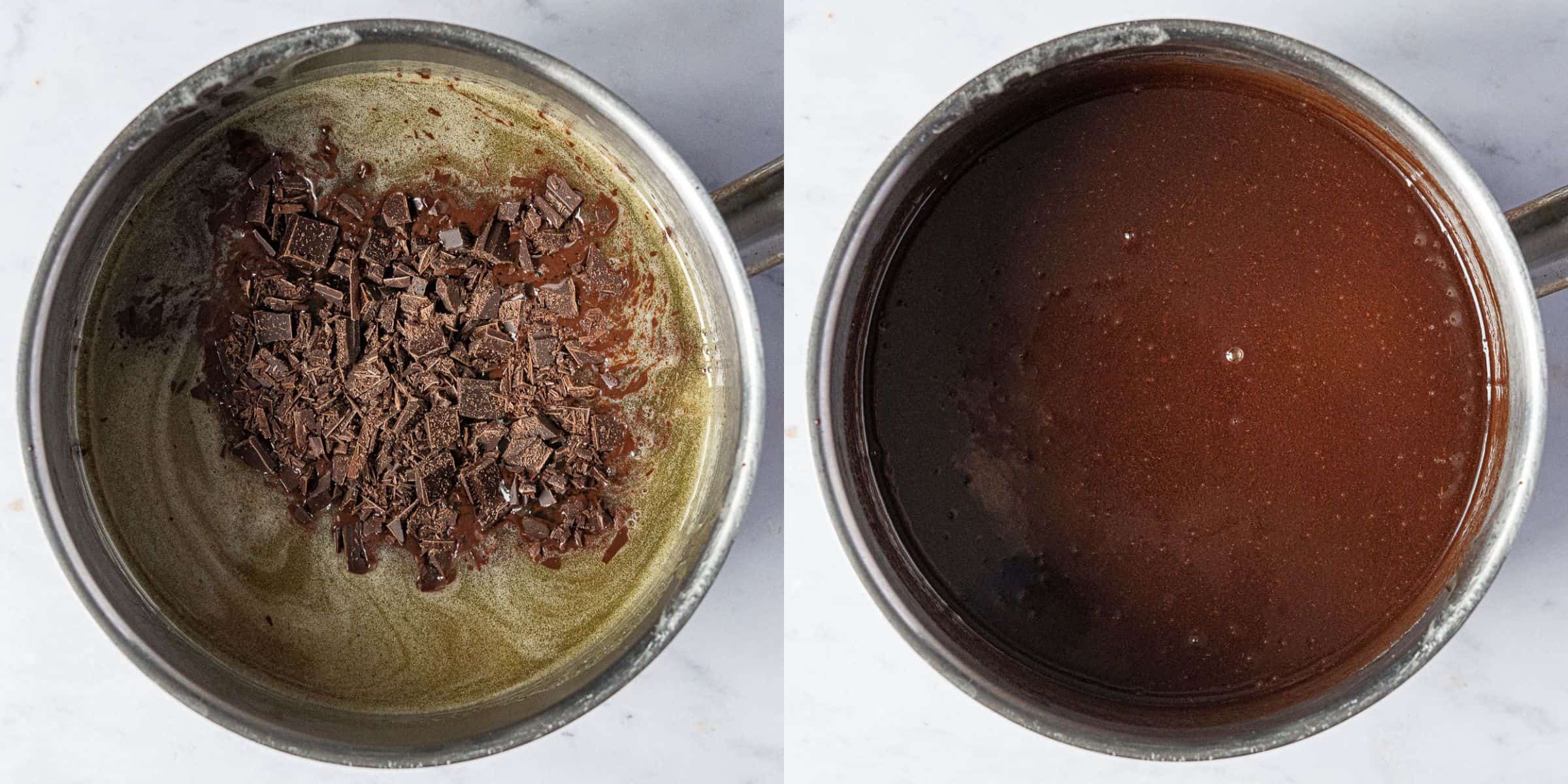 Step 3, a two image collage of adding the chopped chocolate.