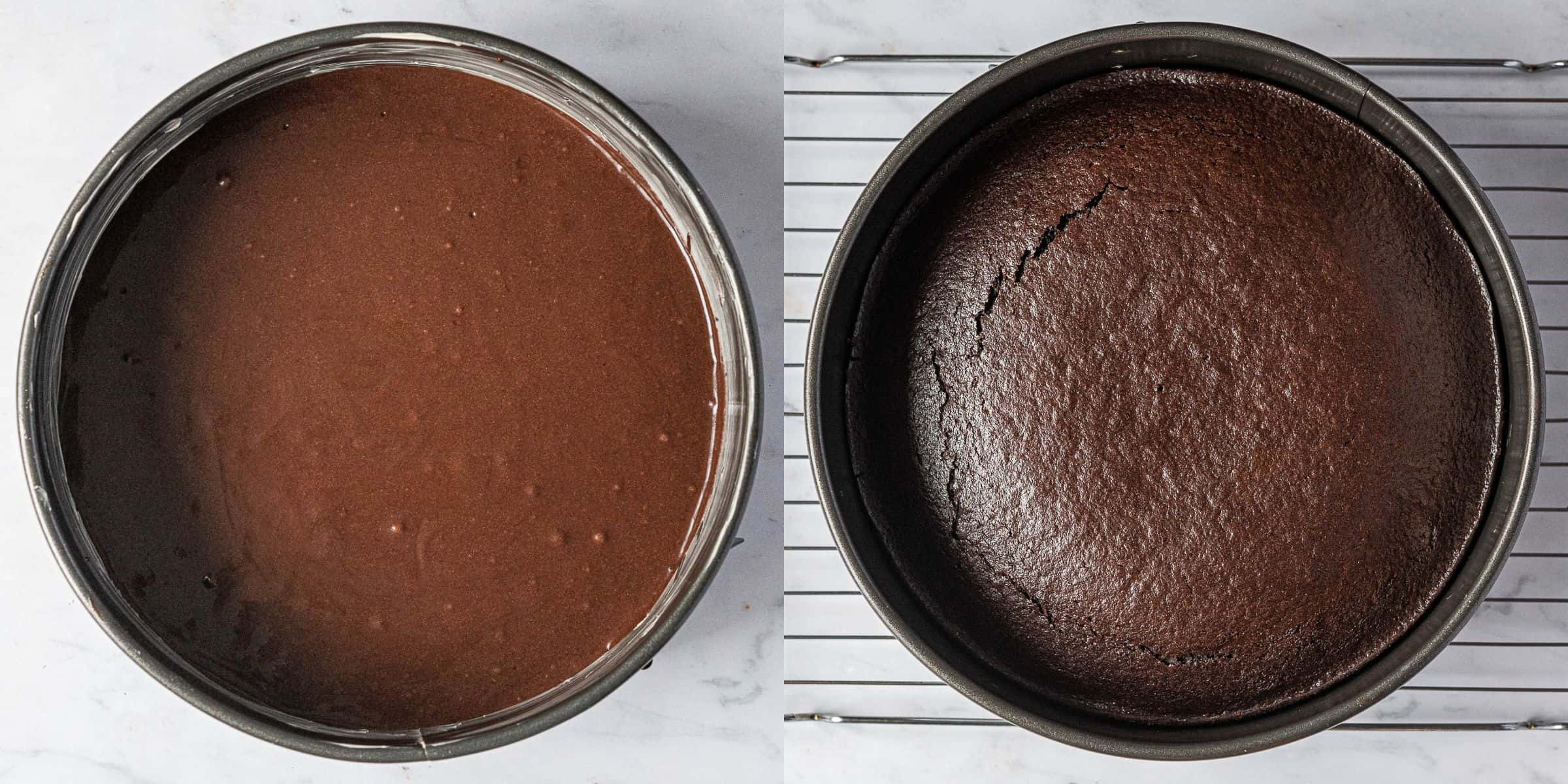 Step 2, a two image collage of the cake before and after baking.