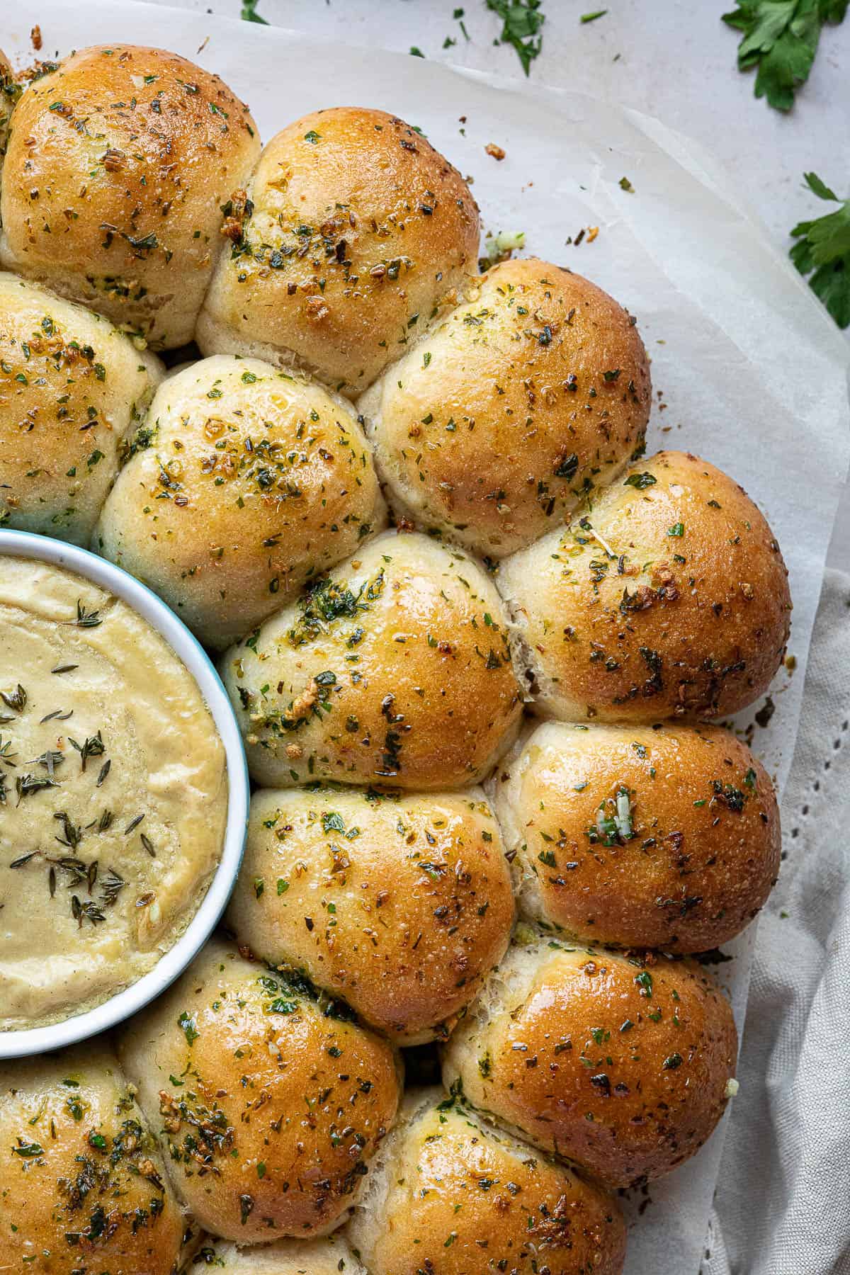 Close up of vegan garlic dough balls.