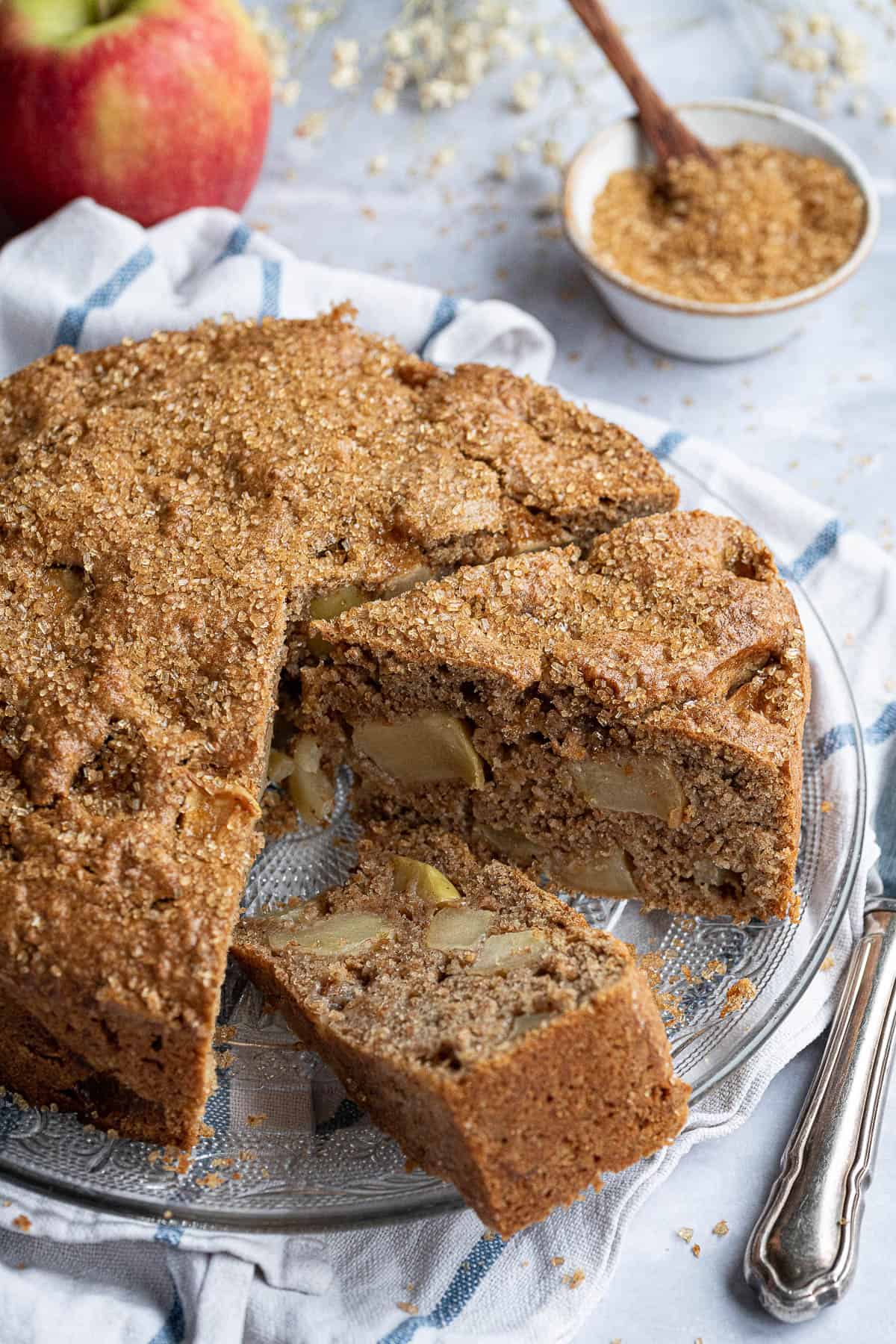 Close up of the sliced apple cake.