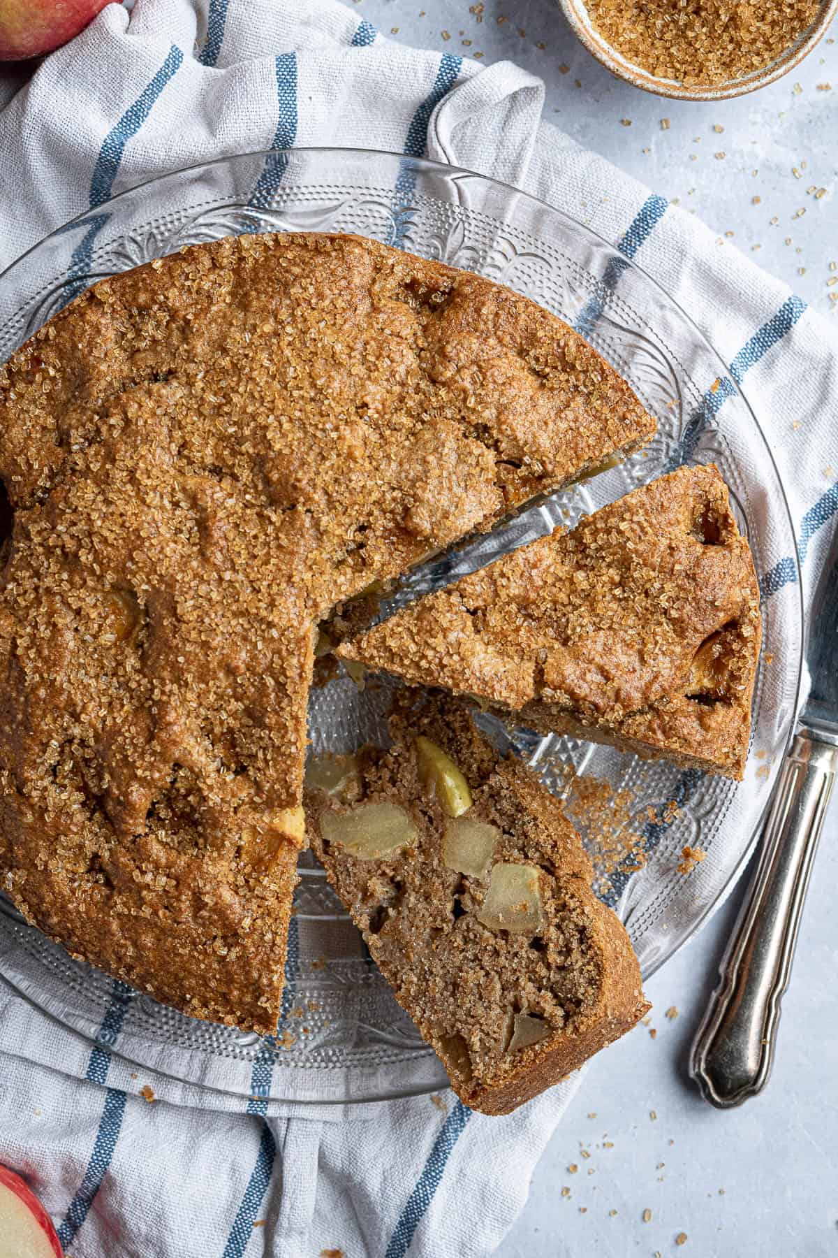 Close up of the sliced wholemeal apple cake.