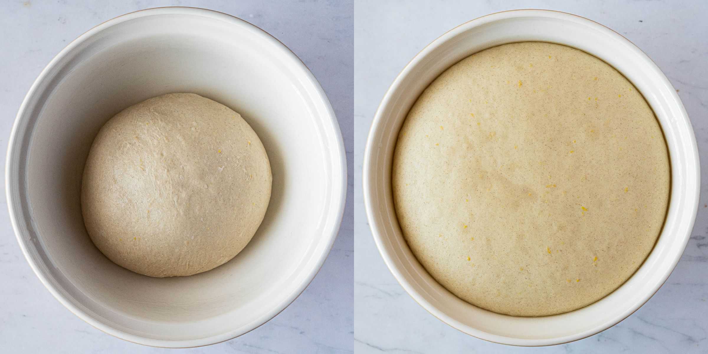 Step 2, a two image collage of the dough before and after rising.