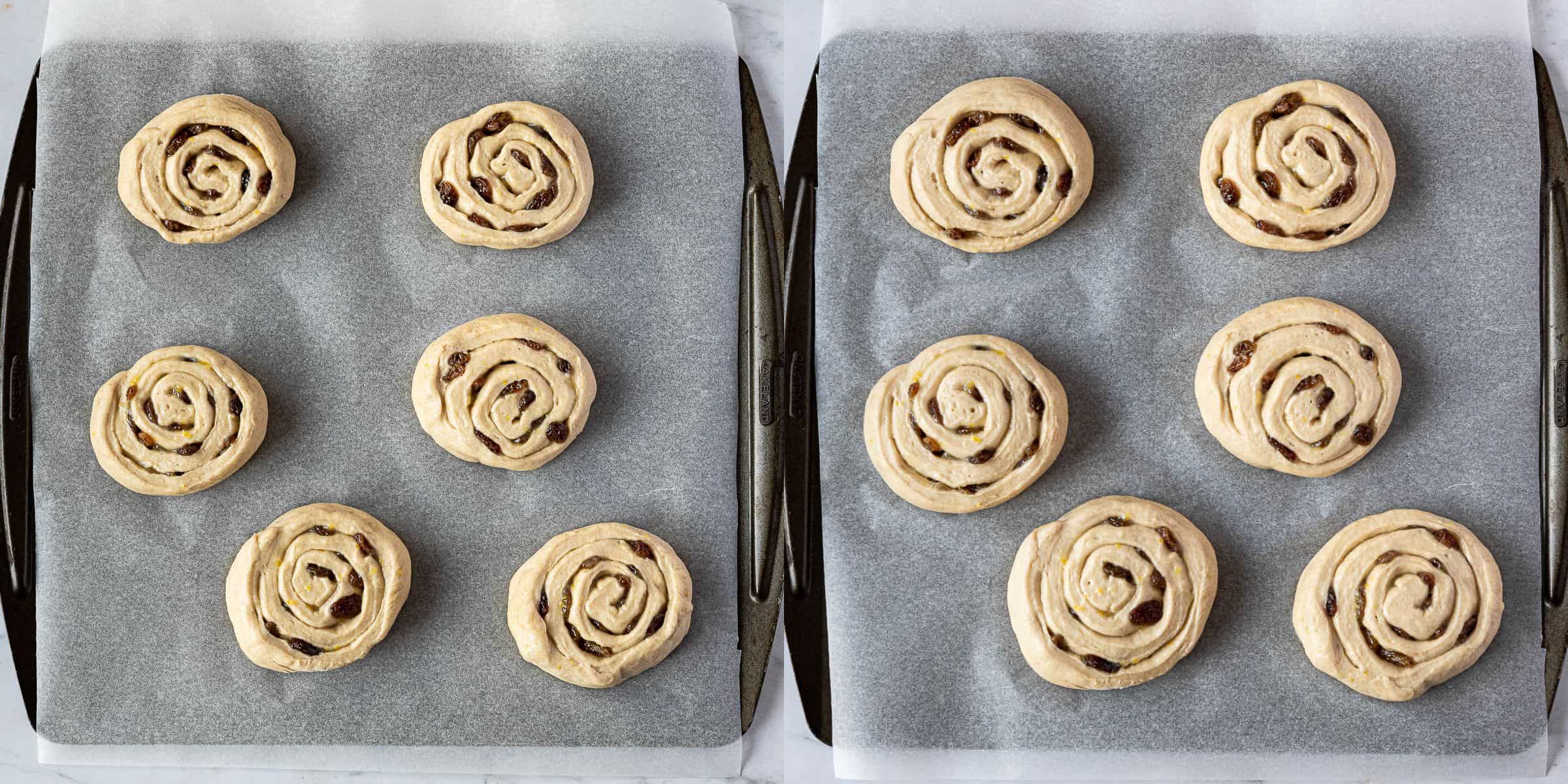 Step 5, a two image collage of the buns before and after rising.