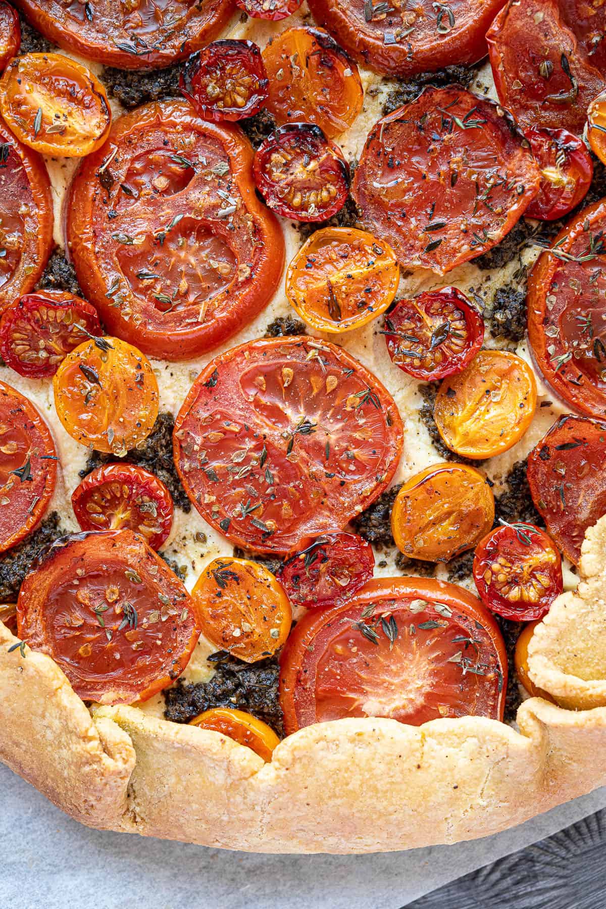 Close up of vegan tomato ricotta galette.