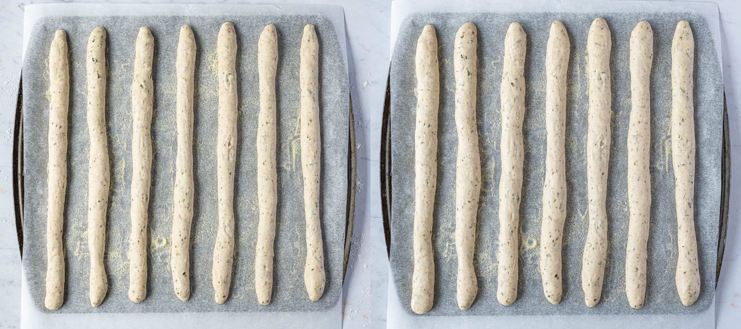 Step 5, the breadsticks before and after rising.
