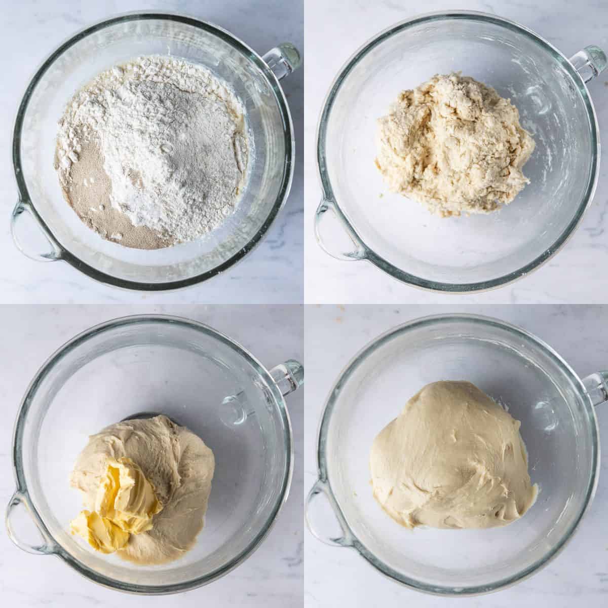 Step 2, a 4 image collage of making the bread dough.