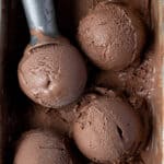 Close up of scoops of malted chocolate ice cream.