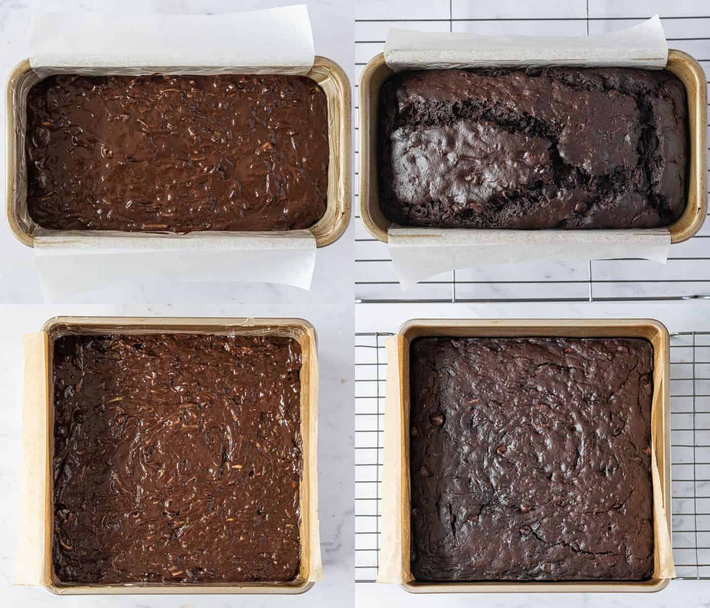 Step 4, a four image collage of the cake before and after baking in both a loaf tin and a square tin.