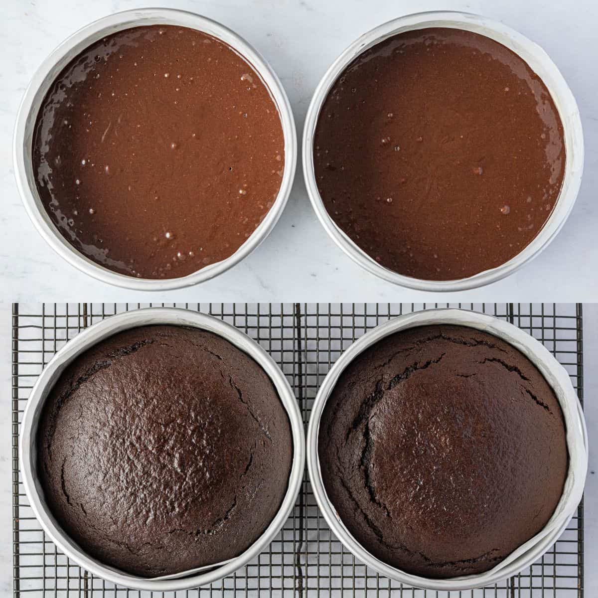 Step 3, a two image collage of the cakes before and after baking.