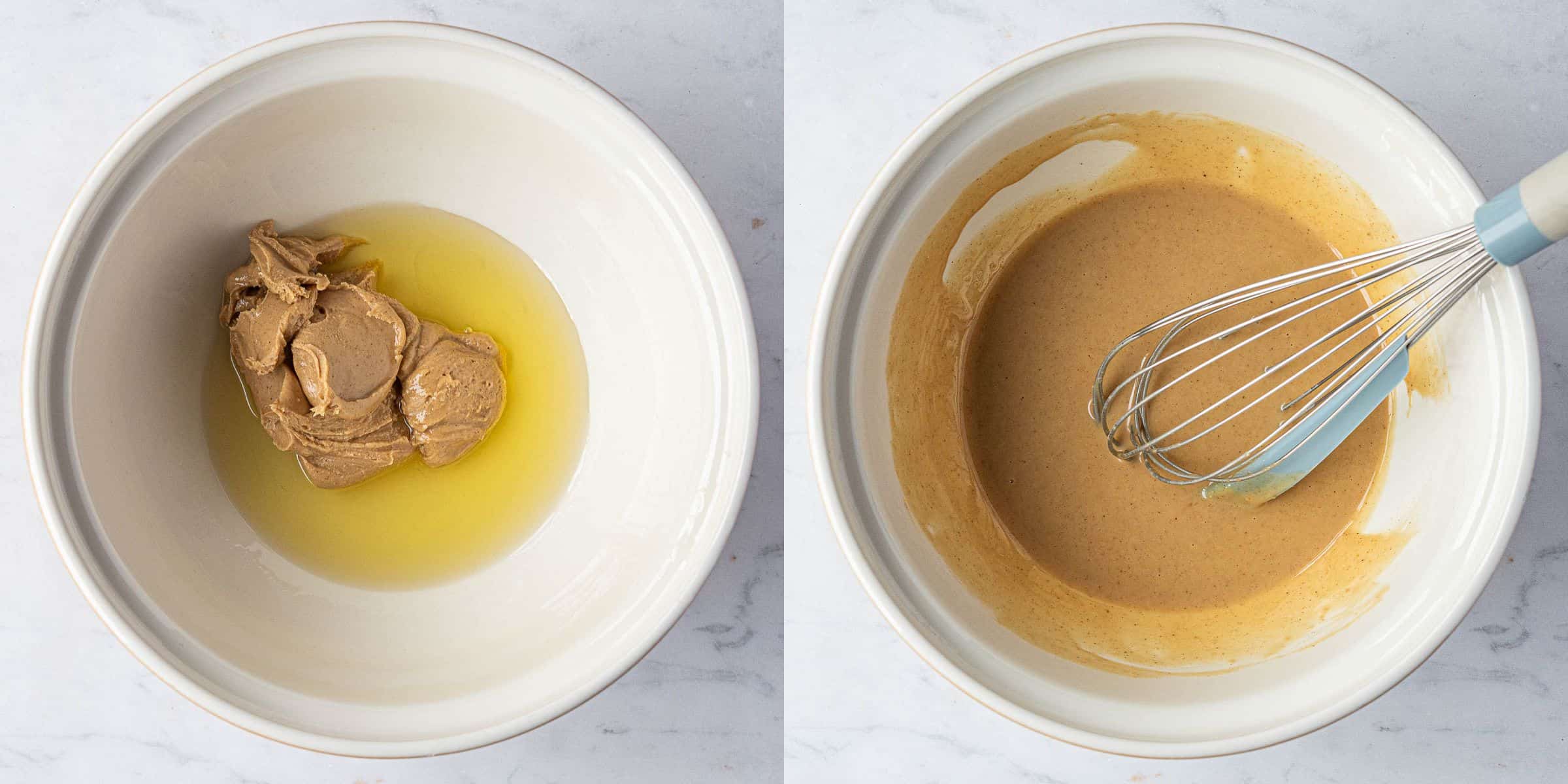 Step 1, a two image collage of whisking together the peanut butter and oil.