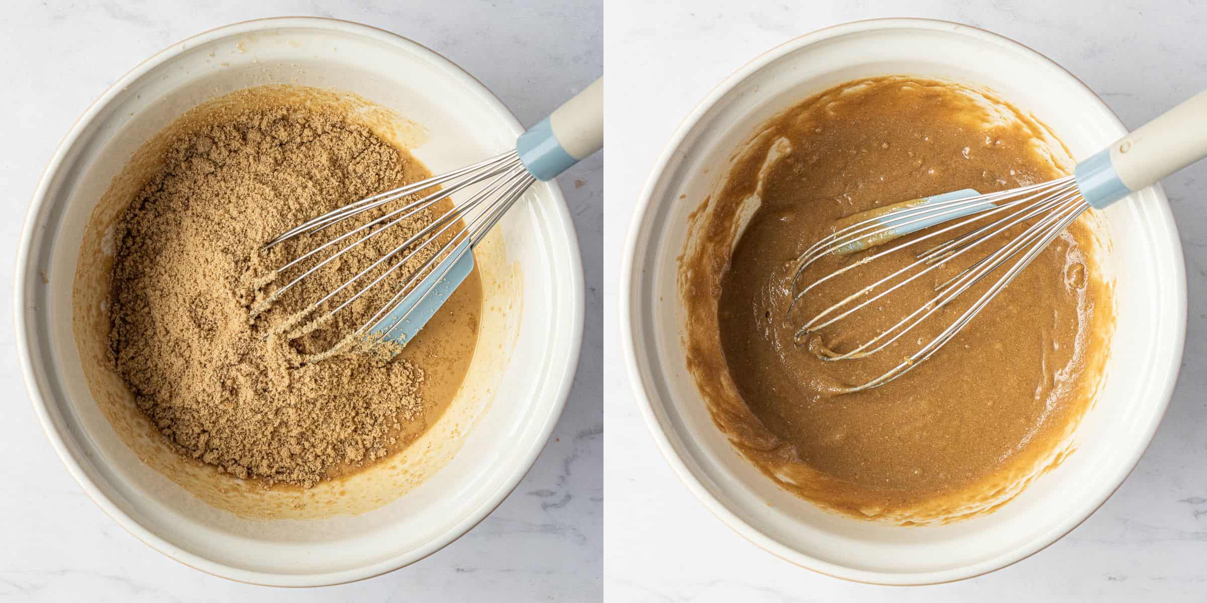 Step 2, a two image collage of whisking in the sugar.