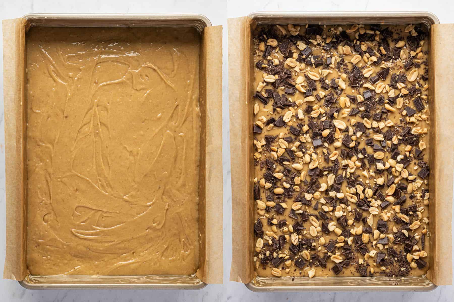 step 4, a two image collage  of the batter in the tin and the batter topped with chocolate and nuts.