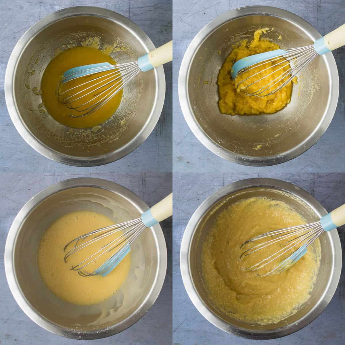 A four image collage of making the frangipane.