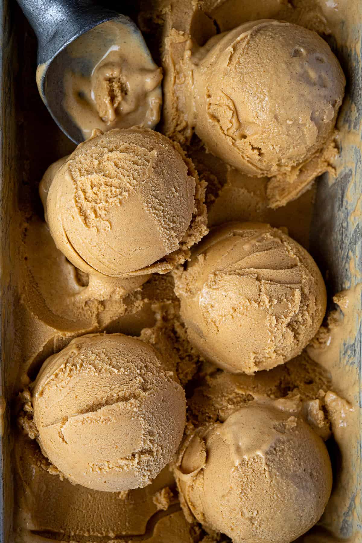 Close up of scoops of vegan pumpkin ice cream.