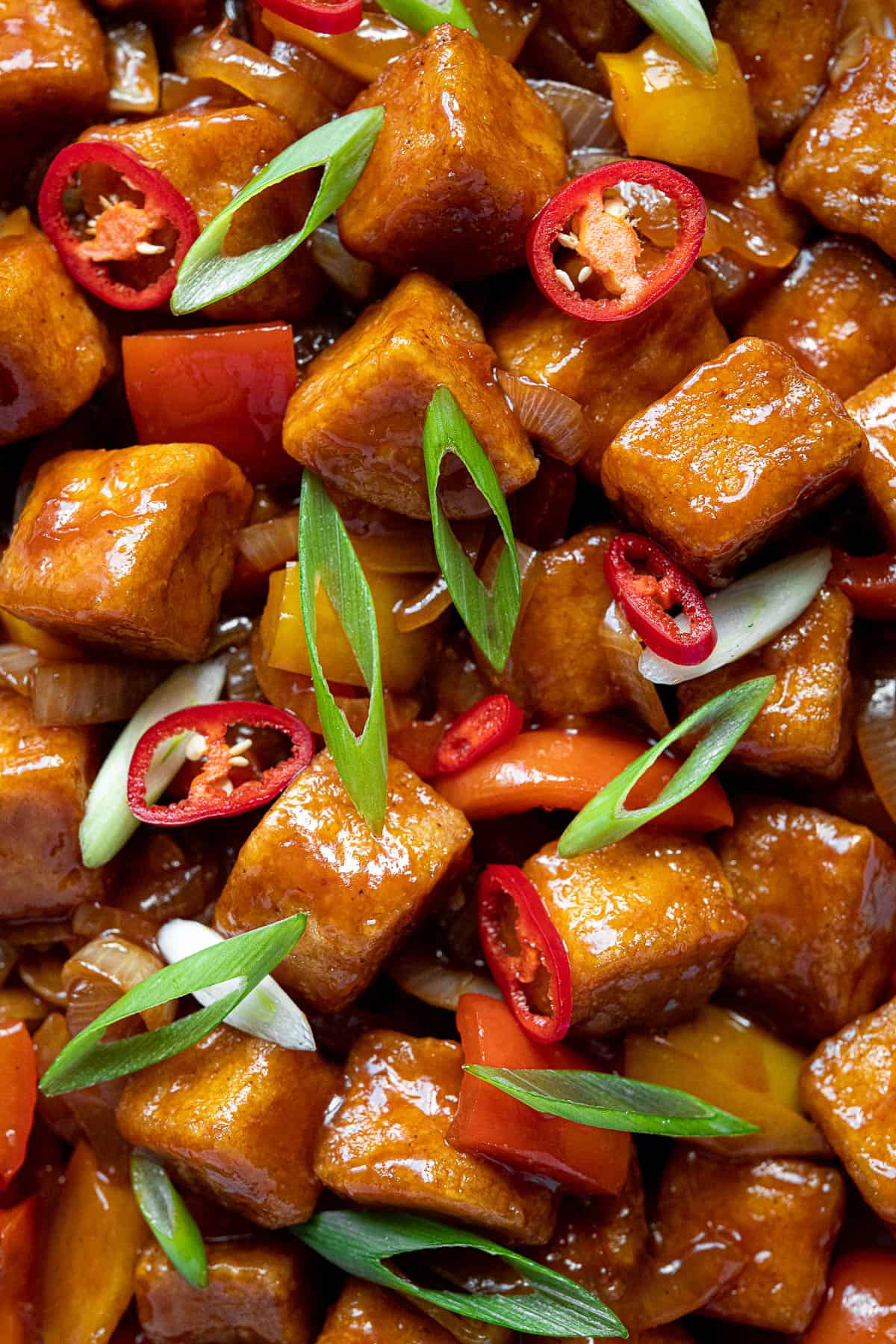 Close up of sweet and sour tofu.