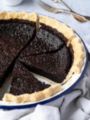 Close up of the sliced chocolate chess pie.