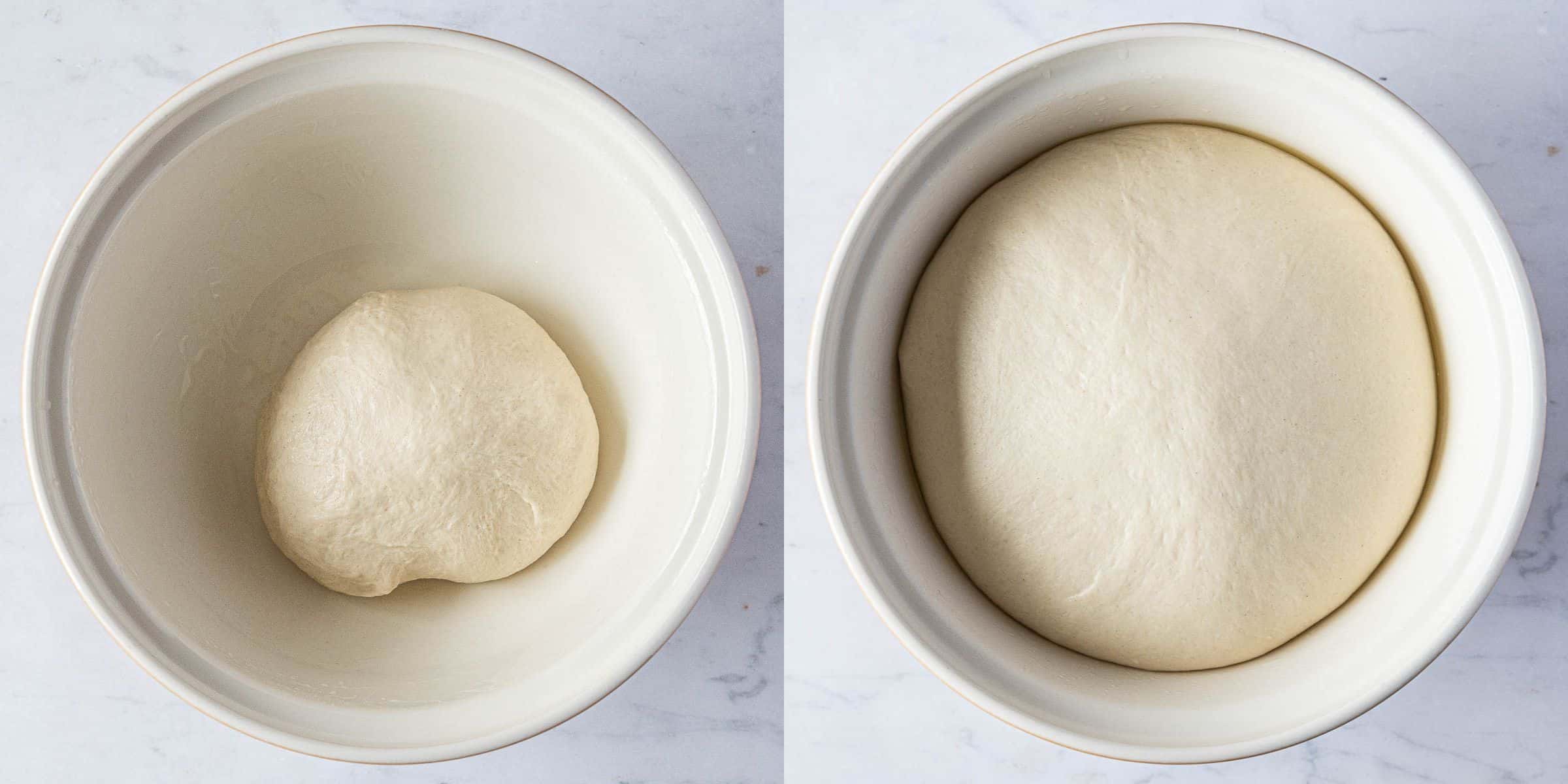 Step 2, a 2 image collage of the dough before and after rising.