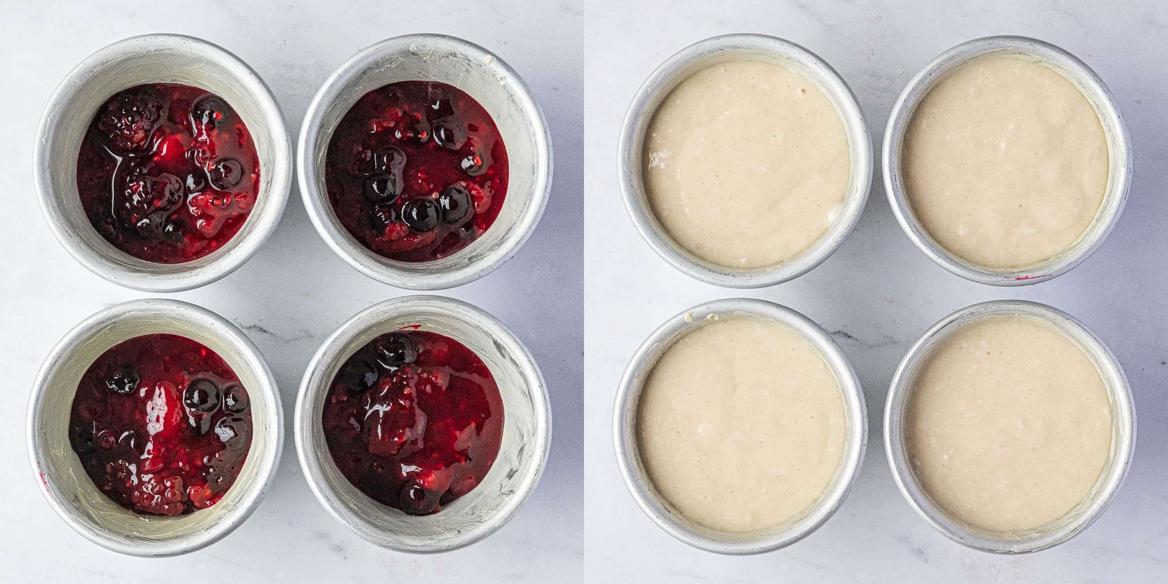 Step 4, a 2 image collage of adding the compote and batter to the pudding bowls.