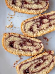 Close up of slices of vegan jam roly-poly.