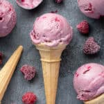 A cone of vegan raspberry ice cream.